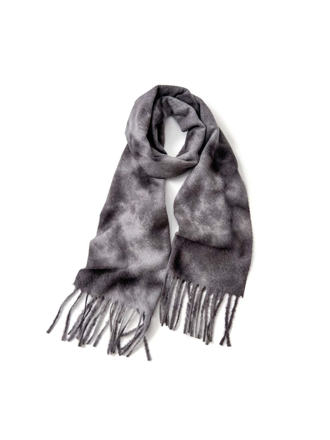 Black Gray abstract mottled scarf with long fringe