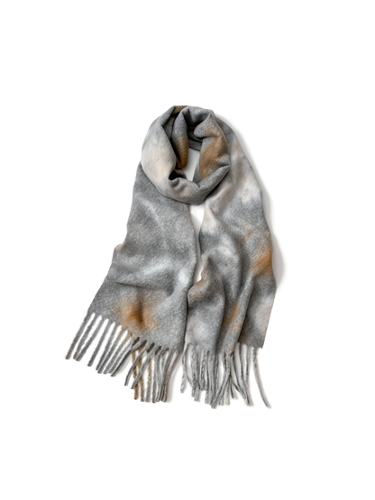 Gray abstract mottled scarf with long fringe