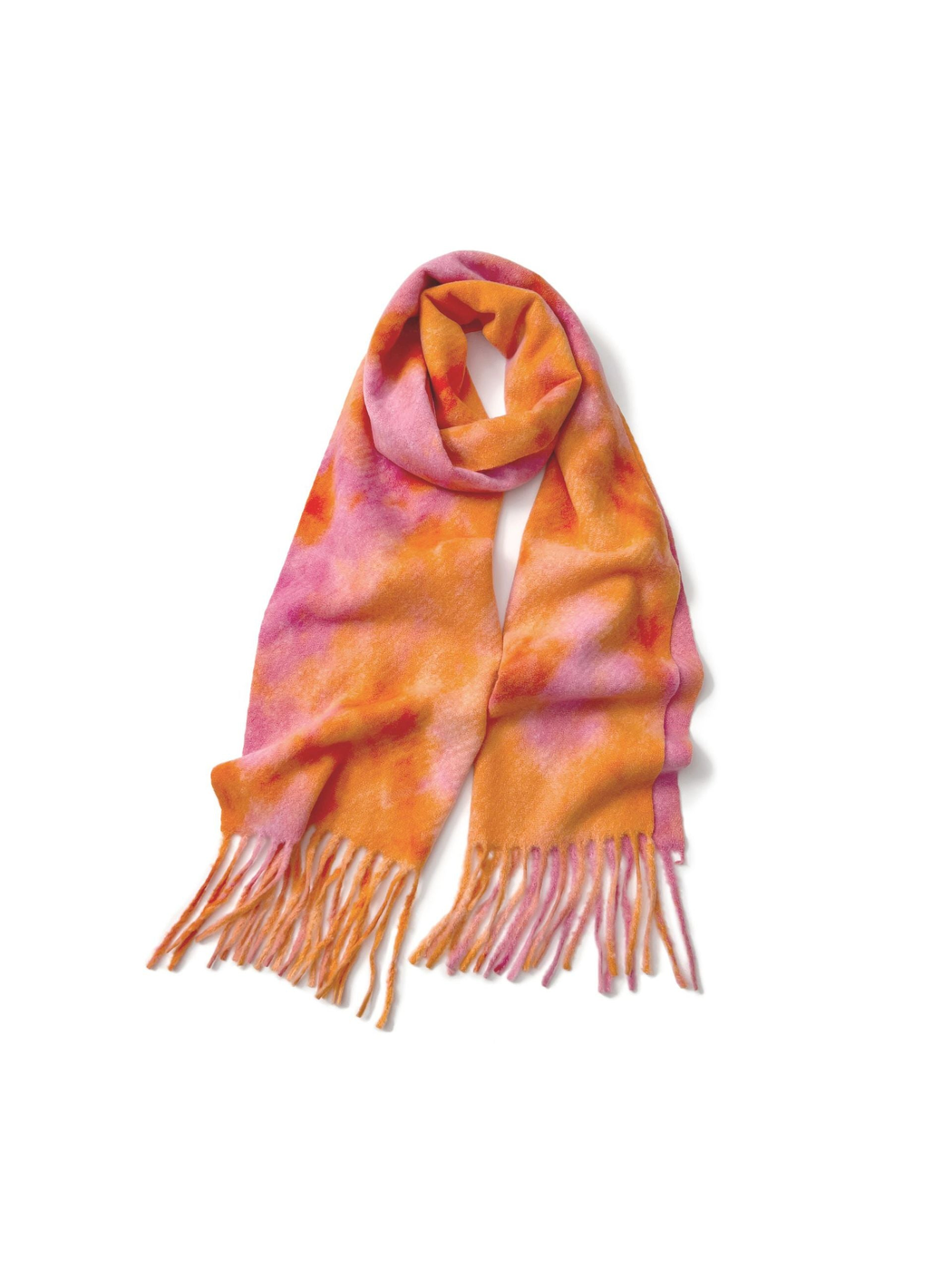 Orange and pink abstract mottled scarf with long fringe