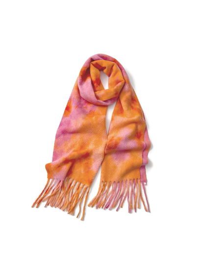 Orange and pink abstract mottled scarf with long fringe