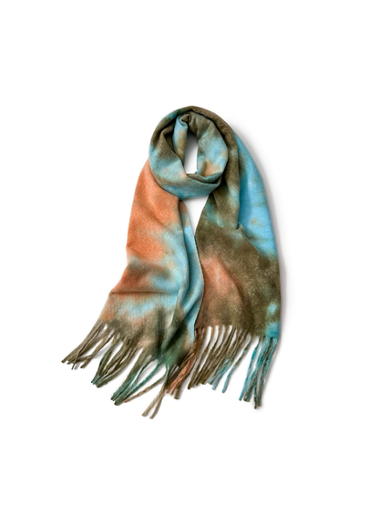 Multicolor blue, peach and olive abstract scarf with long fringe