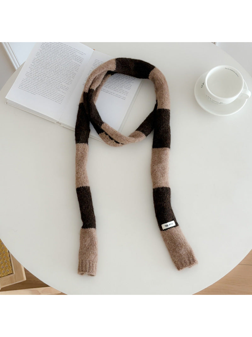 Brown Beige wide-striped narrow scarf displayed at full length
