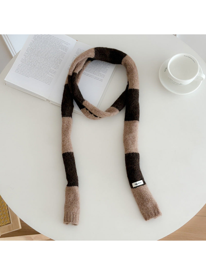 Brown Beige wide-striped narrow scarf displayed at full length