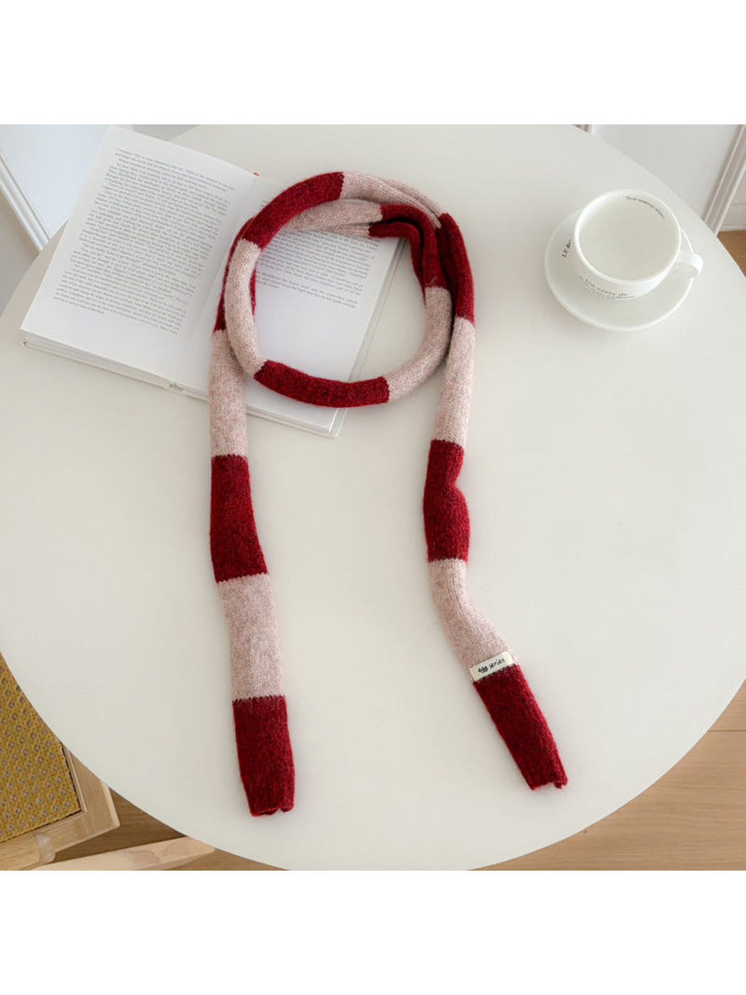 Red Pink wide-striped narrow scarf displayed at full length