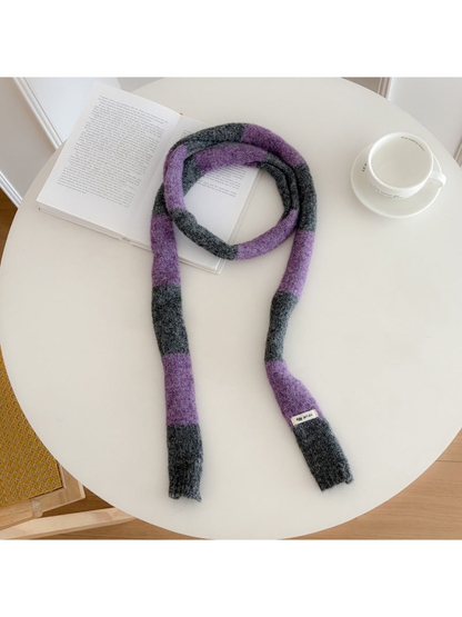 Gray Purple wide-striped narrow scarf displayed at full length