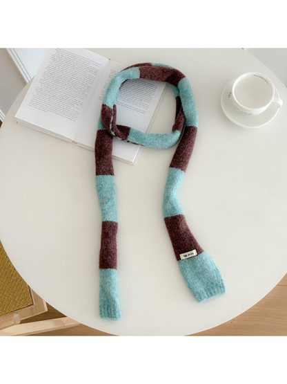 Blue Brown wide-striped narrow scarf displayed at full length