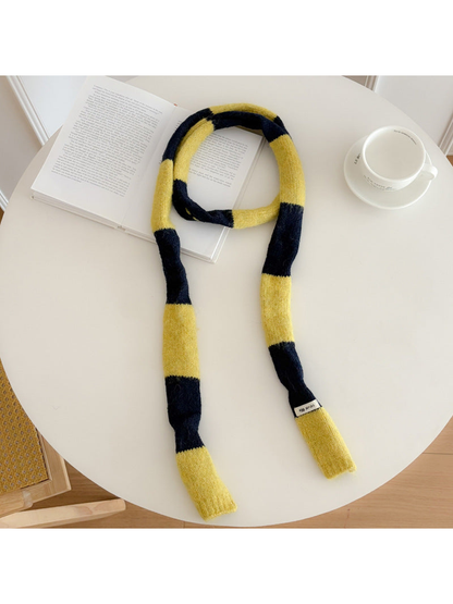Yellow Navy wide-striped narrow scarf displayed at full length