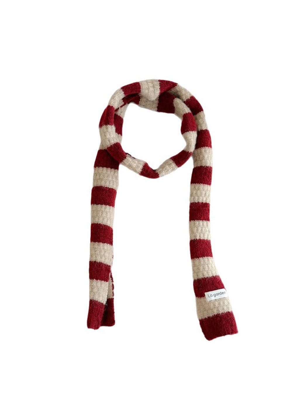 Long red-and-cream striped knit scarf