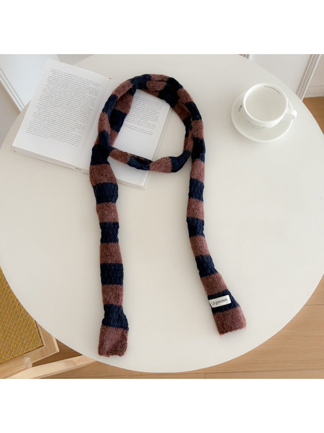 Muted dark-brown-and-navy striped scarf