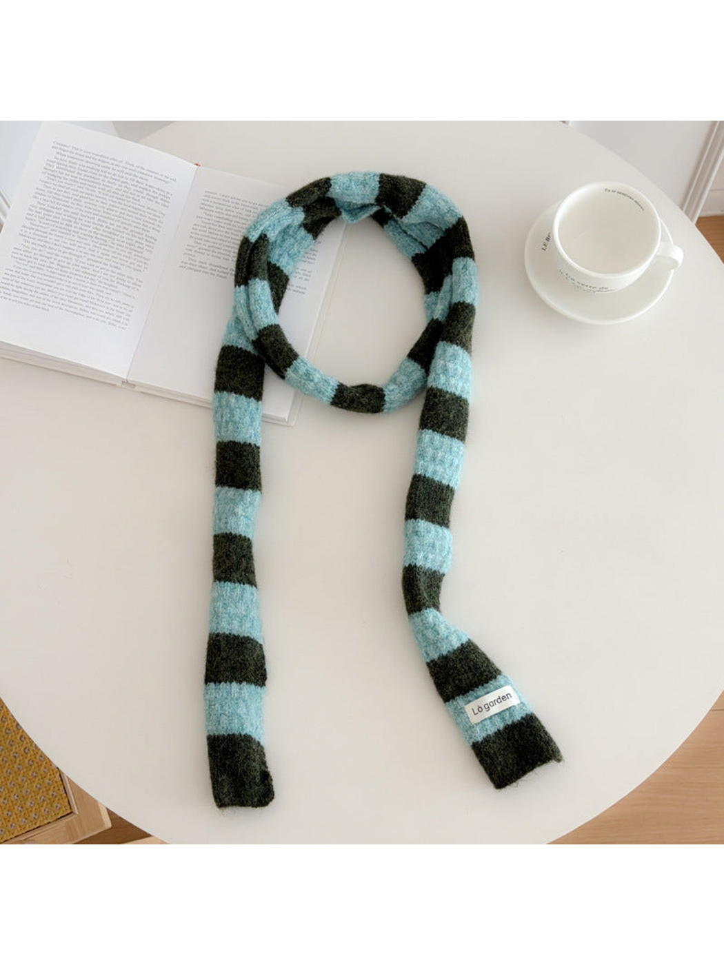 Light-blue-and-dark-green striped scarf