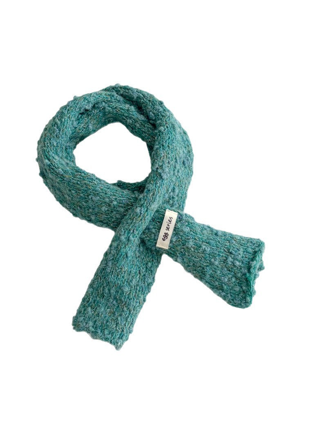 Teal Blue narrow textured scarf arranged in a loop on a white background