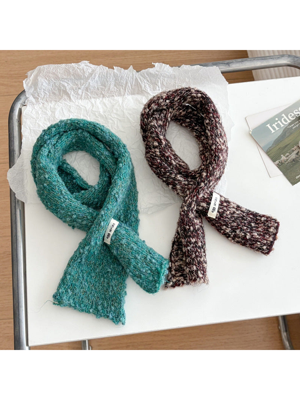 Teal Blue and Burgundy narrow textured scarves displayed together