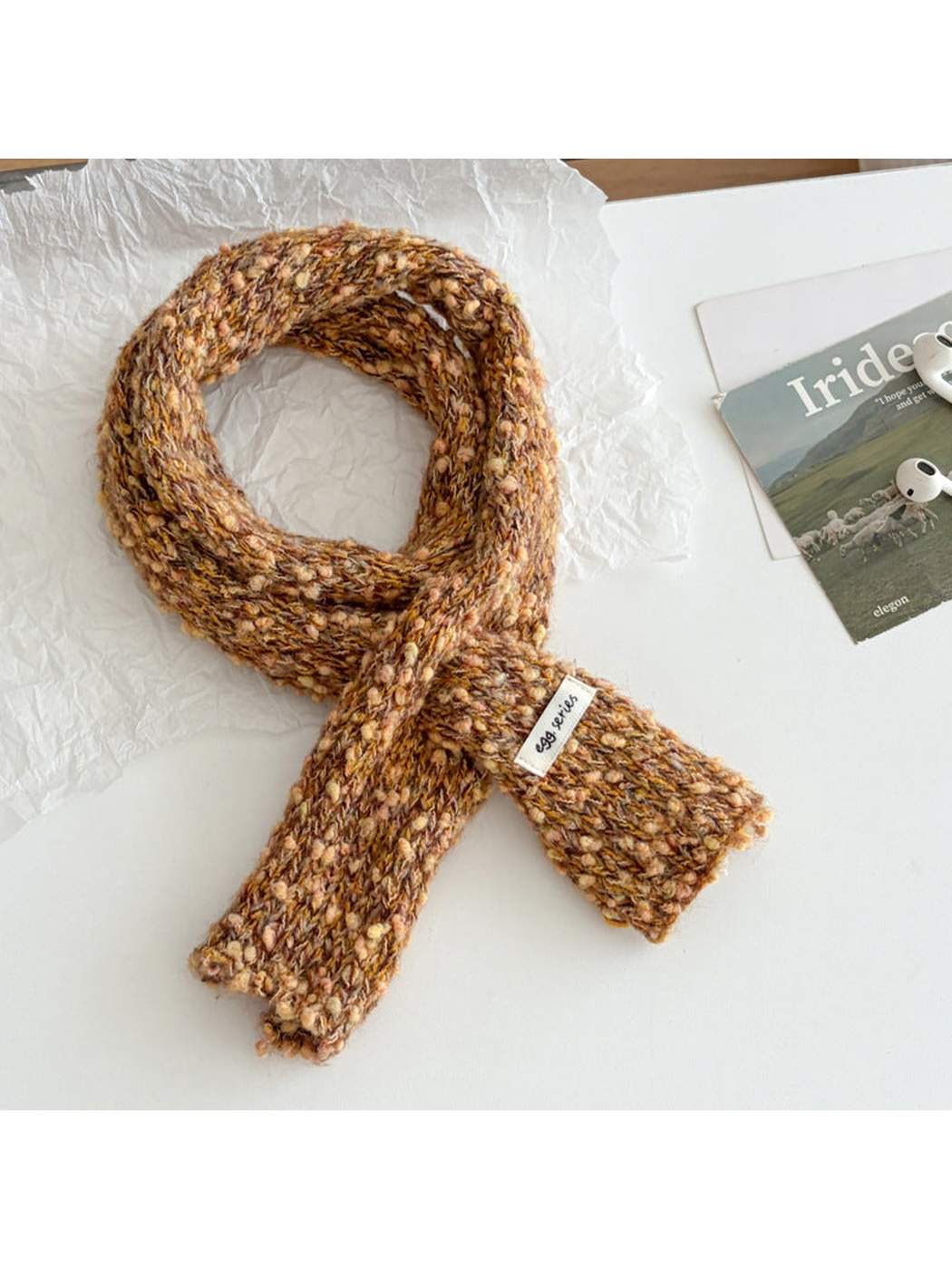 Orange Yellow narrow textured scarf arranged in a loop