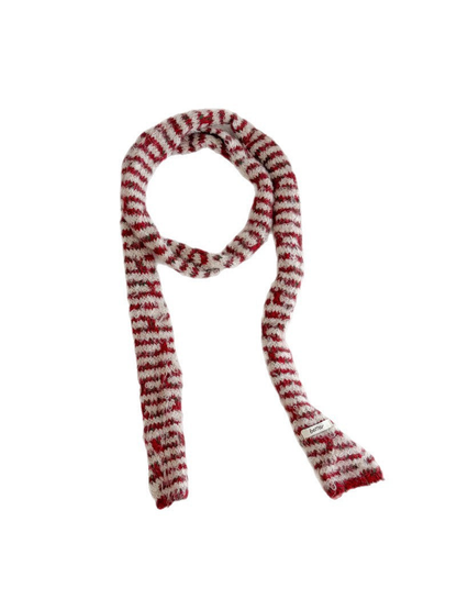 Red fuzzy striped long narrow scarf on a white background