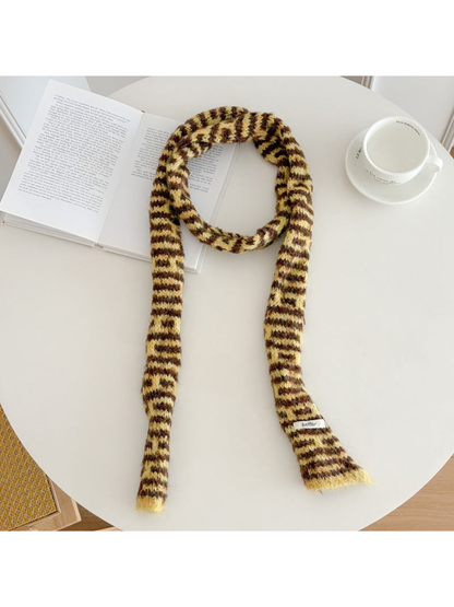 Mustard Yellow fuzzy striped long narrow scarf laid flat