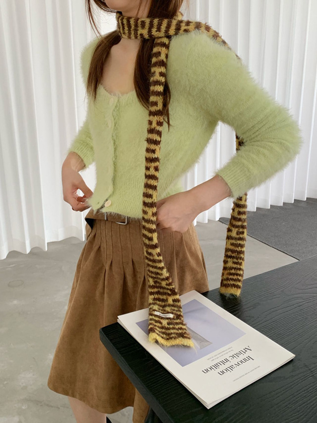Mustard Yellow striped scarf styled with one end draped down the front and one down the back