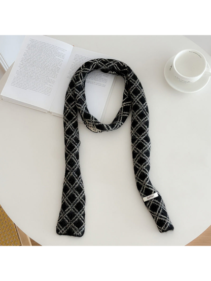 Black Gray diamond-check narrow scarf, full view