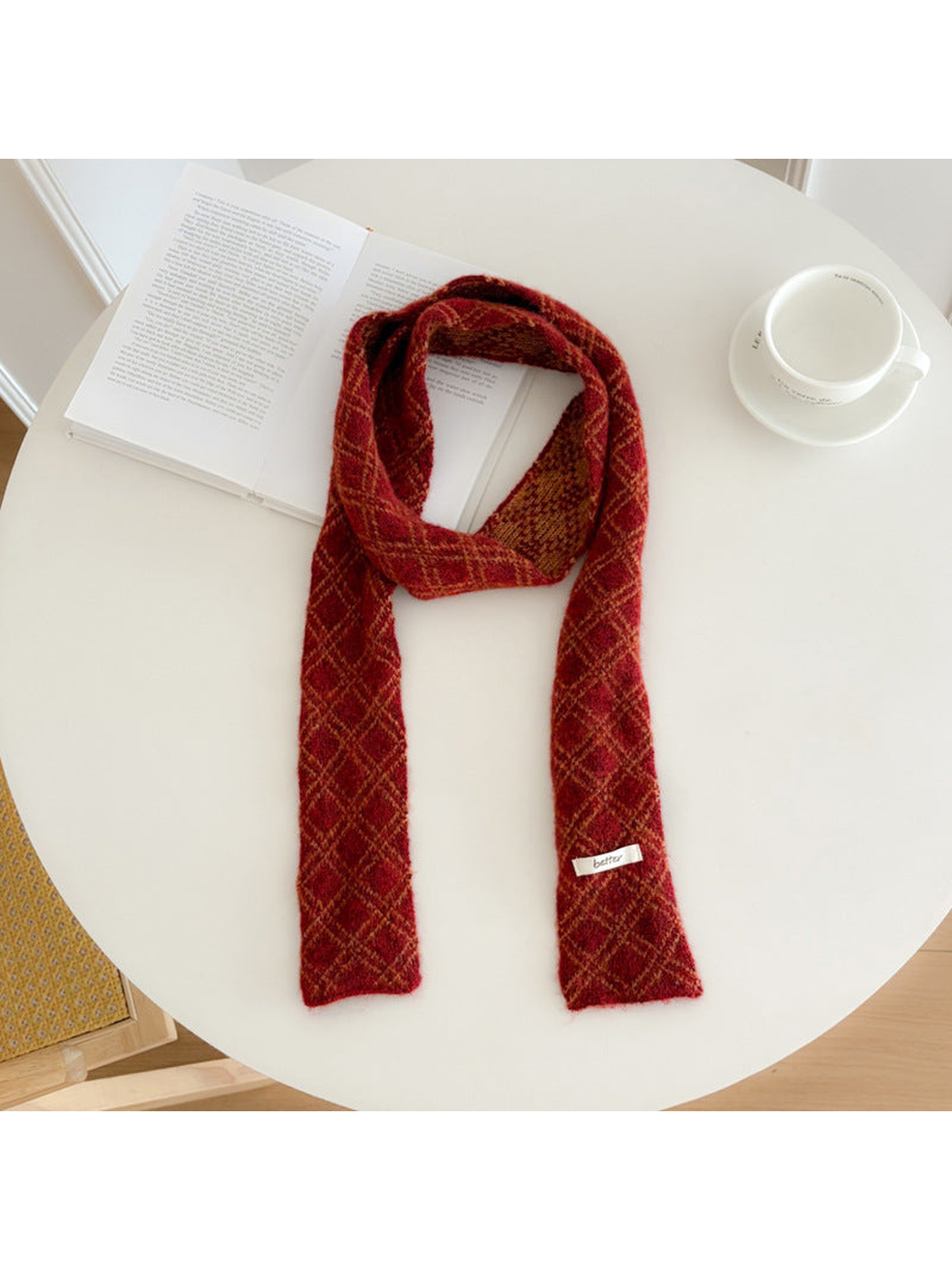 Red diamond-check narrow scarf, full view