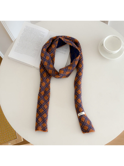 Orange diamond-check narrow scarf, full view