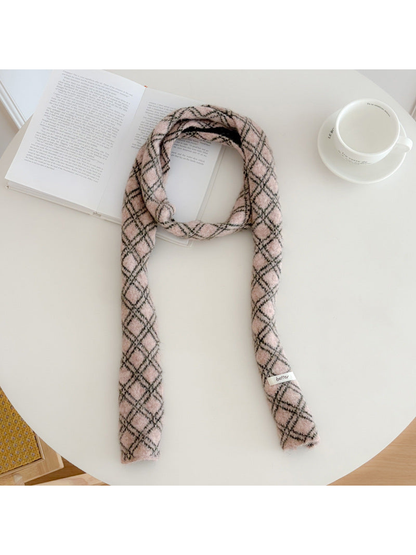 Pink diamond-check narrow scarf, full view