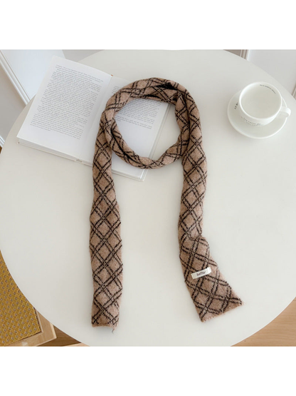 Greige diamond-check narrow scarf, full view