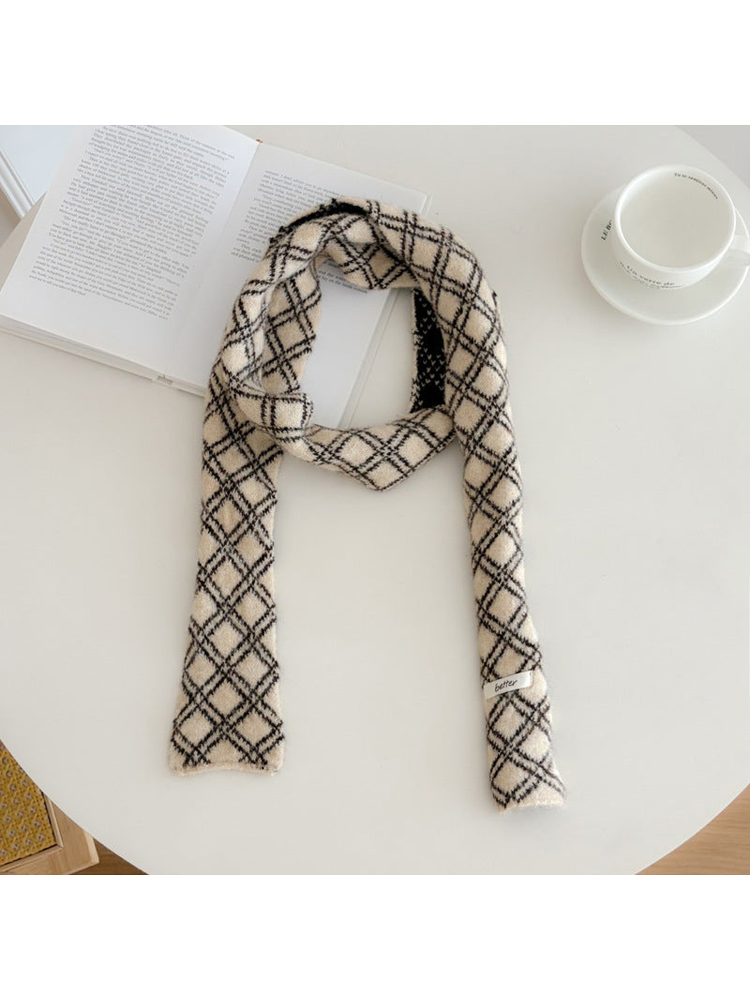 Cream diamond-check narrow scarf, full view