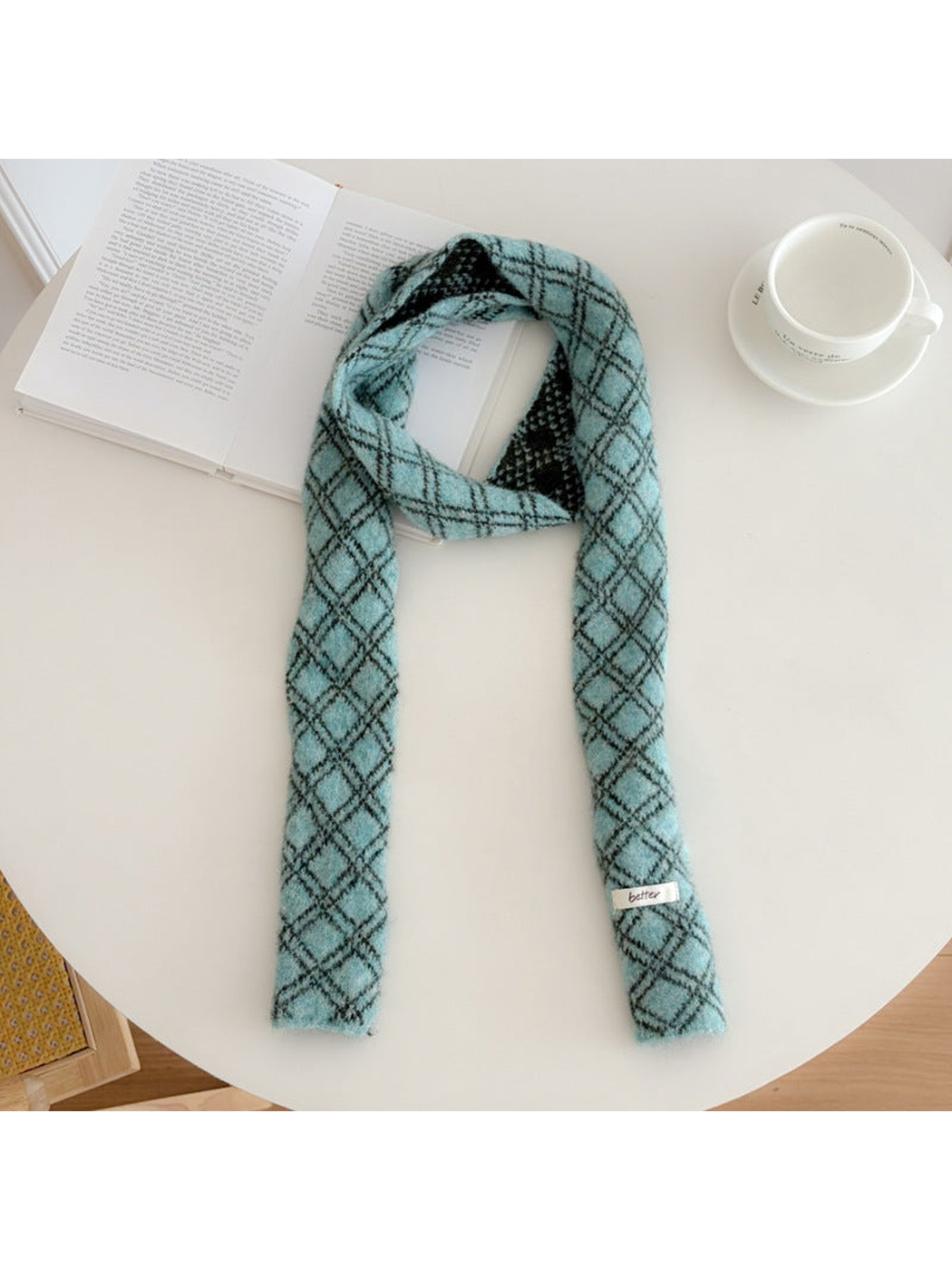 Light Blue diamond-check narrow scarf, full view