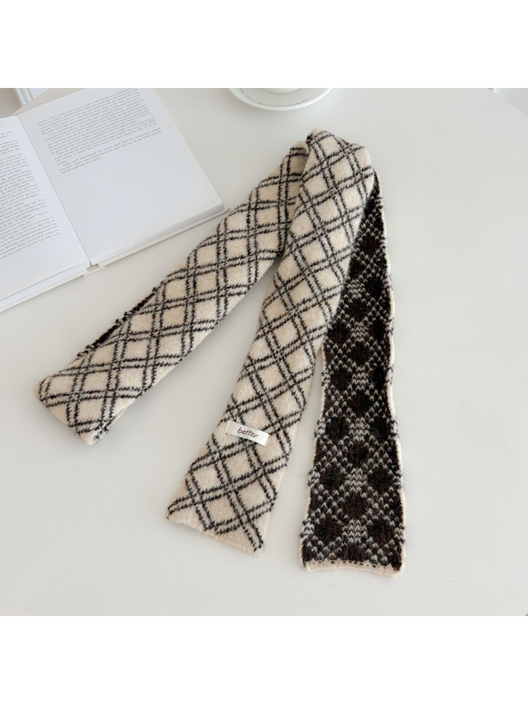 Cream diamond-check narrow scarf with contrasting patterned reverse side