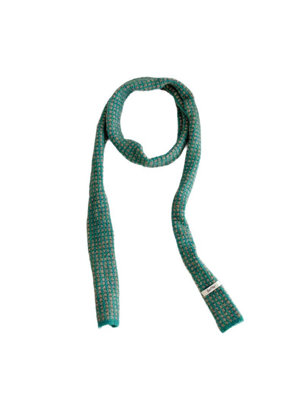 Turquoise narrow check scarf displayed on a white background