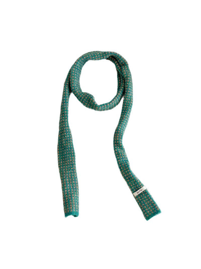 Turquoise narrow check scarf displayed on a white background