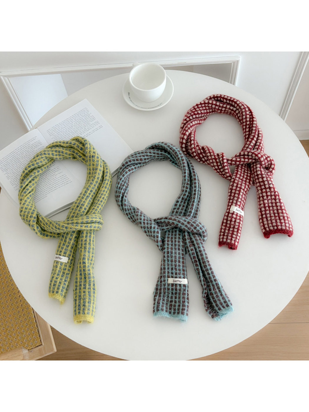 Yellow, Gray Blue and Red check scarves displayed with loose knots