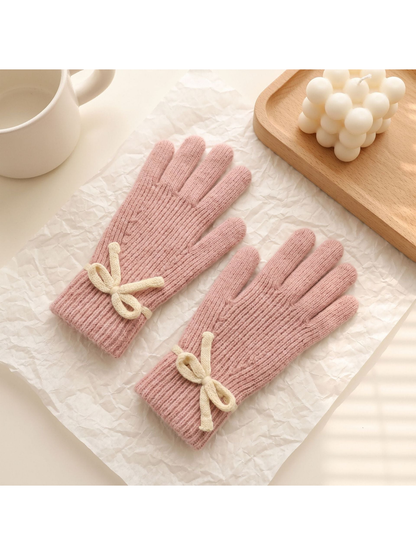 Dusty Pink ribbed gloves with contrasting bow details