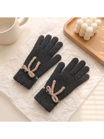 Dark Gray ribbed gloves with contrasting bow details