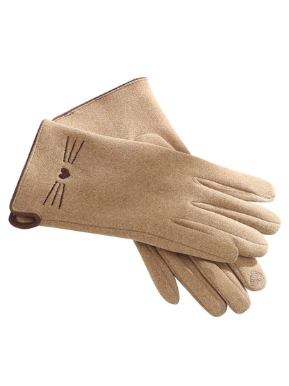 Khaki cat-motif gloves displayed on a white background