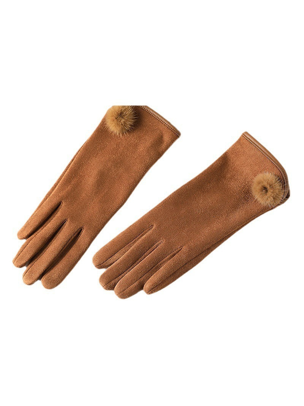 Caramel gloves with small fuzzy pom-pom accents on a white background