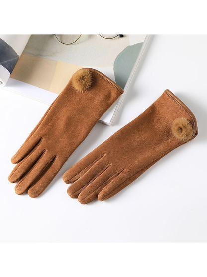 Caramel gloves with extended cuffs and fuzzy pom-pom accents
