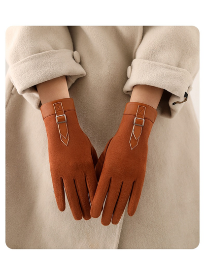 Caramel gloves with matching cuffs and buckle straps