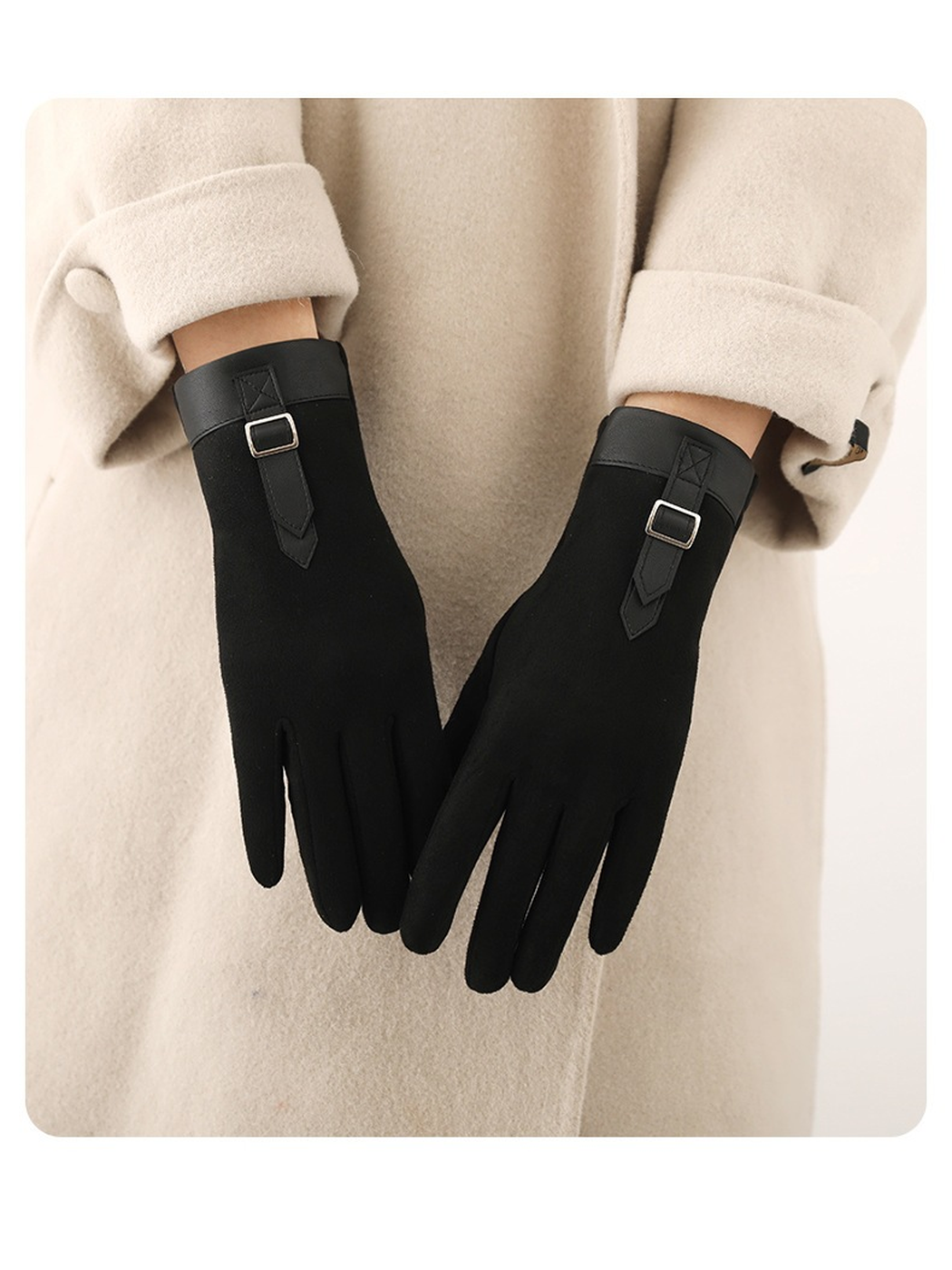 Black gloves with matching cuffs and buckle straps