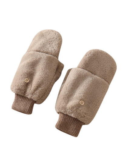 Beige fuzzy convertible mittens displayed as a pair on white