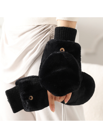 Black fuzzy convertible mittens with ribbed cuffs