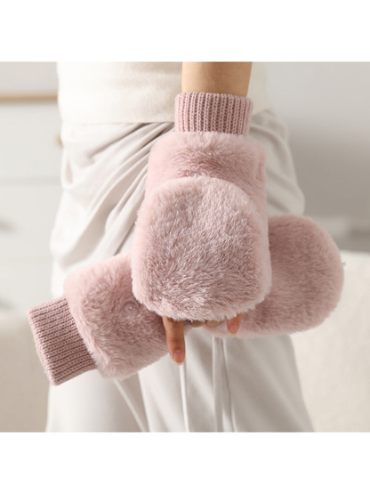 Light pink fuzzy convertible mittens with ribbed cuffs