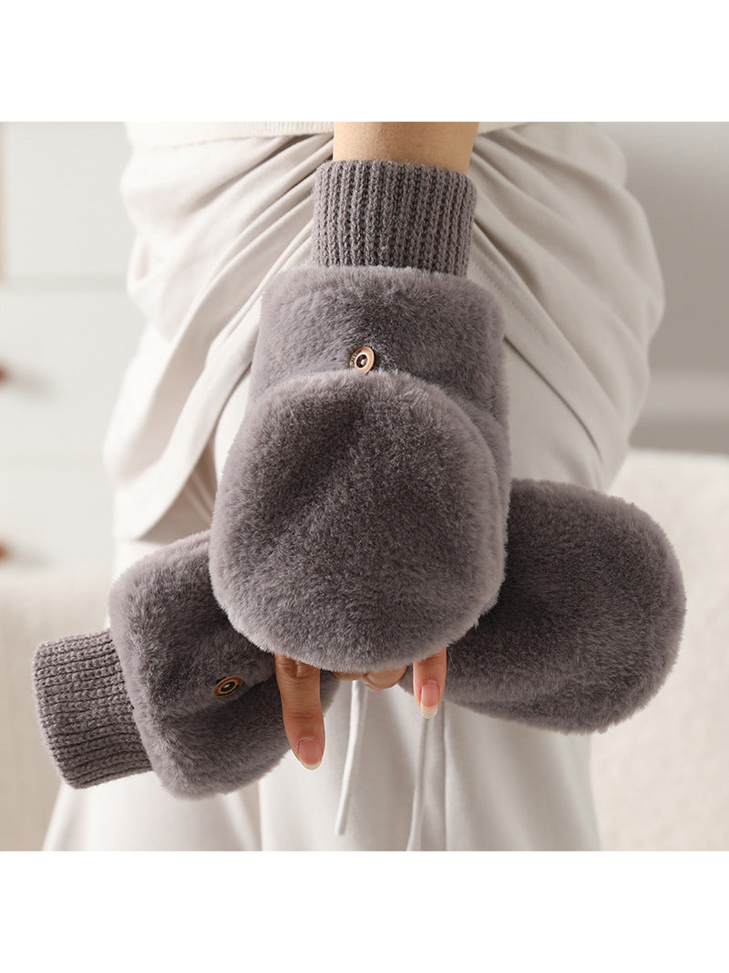 Gray fuzzy convertible mittens with ribbed cuffs