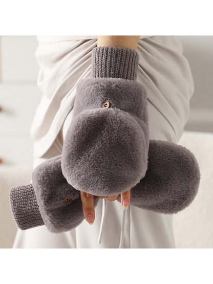 Gray fuzzy convertible mittens with ribbed cuffs