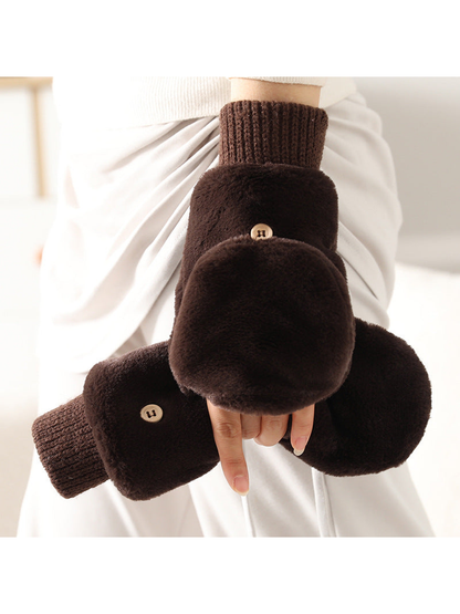 Dark brown fuzzy convertible mittens with ribbed cuffs