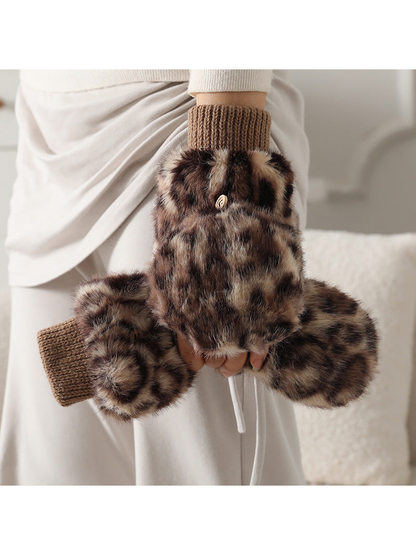 Taupe and dark brown leopard-pattern convertible mittens