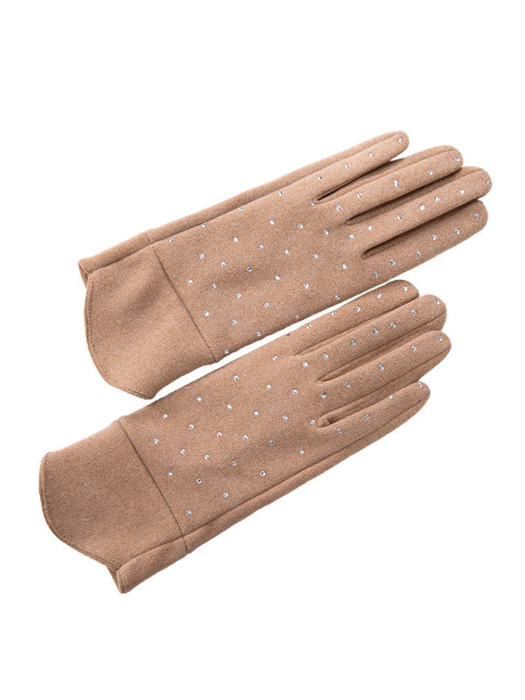 Khaki gloves with scattered reflective dot embellishments on a white background