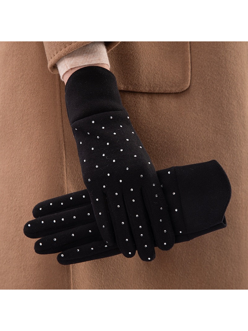 Black gloves with scattered reflective dot embellishments