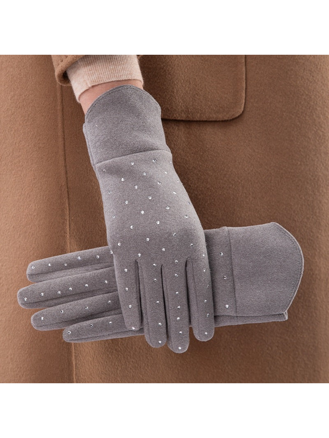 Gray gloves with scattered reflective dot embellishments