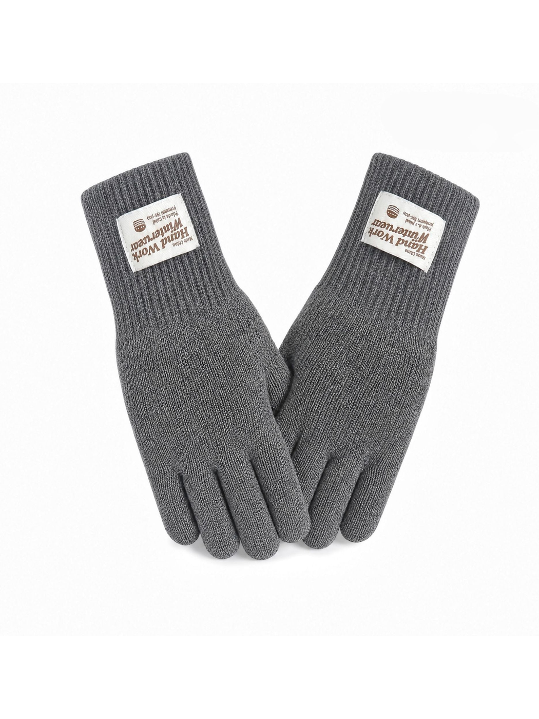 Gray knit gloves with extended ribbed cuffs, front view