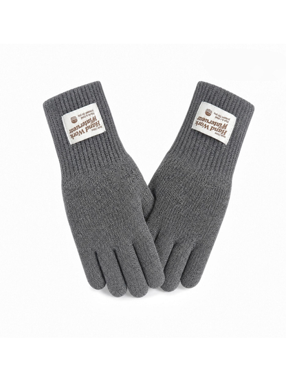 Gray knit gloves with extended ribbed cuffs, front view